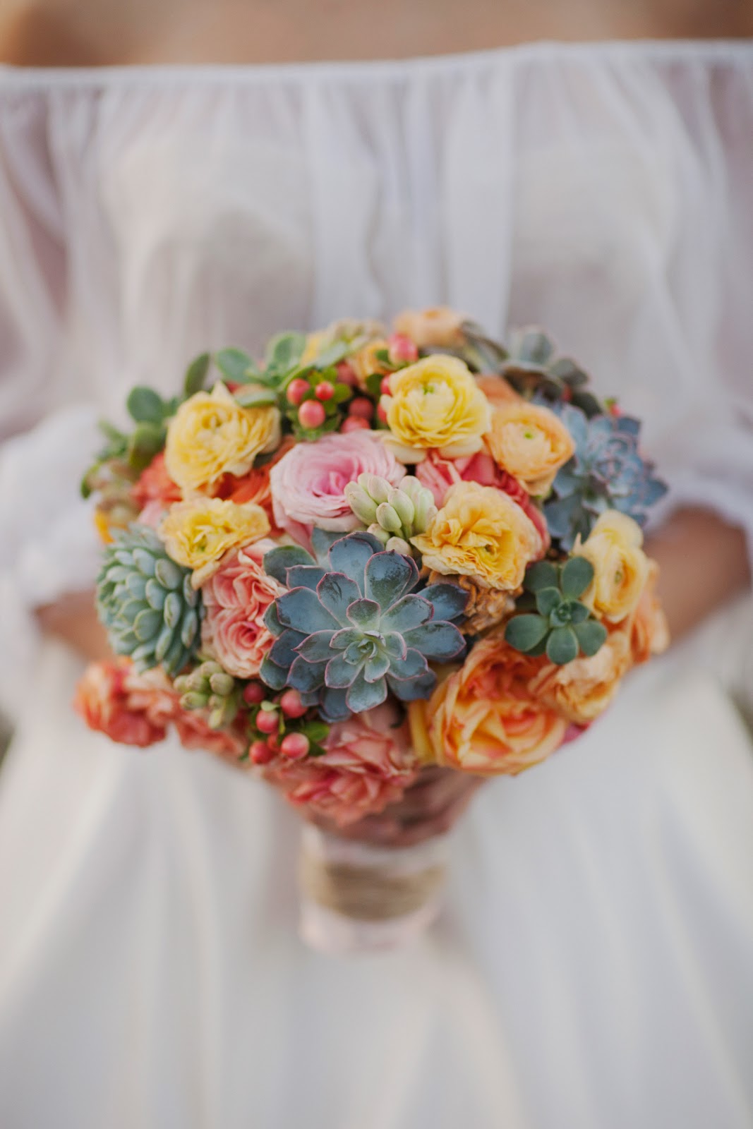 Mexican Bridal Bouquet succulents roses tuberose orange coffee bean berries wrapped in lace