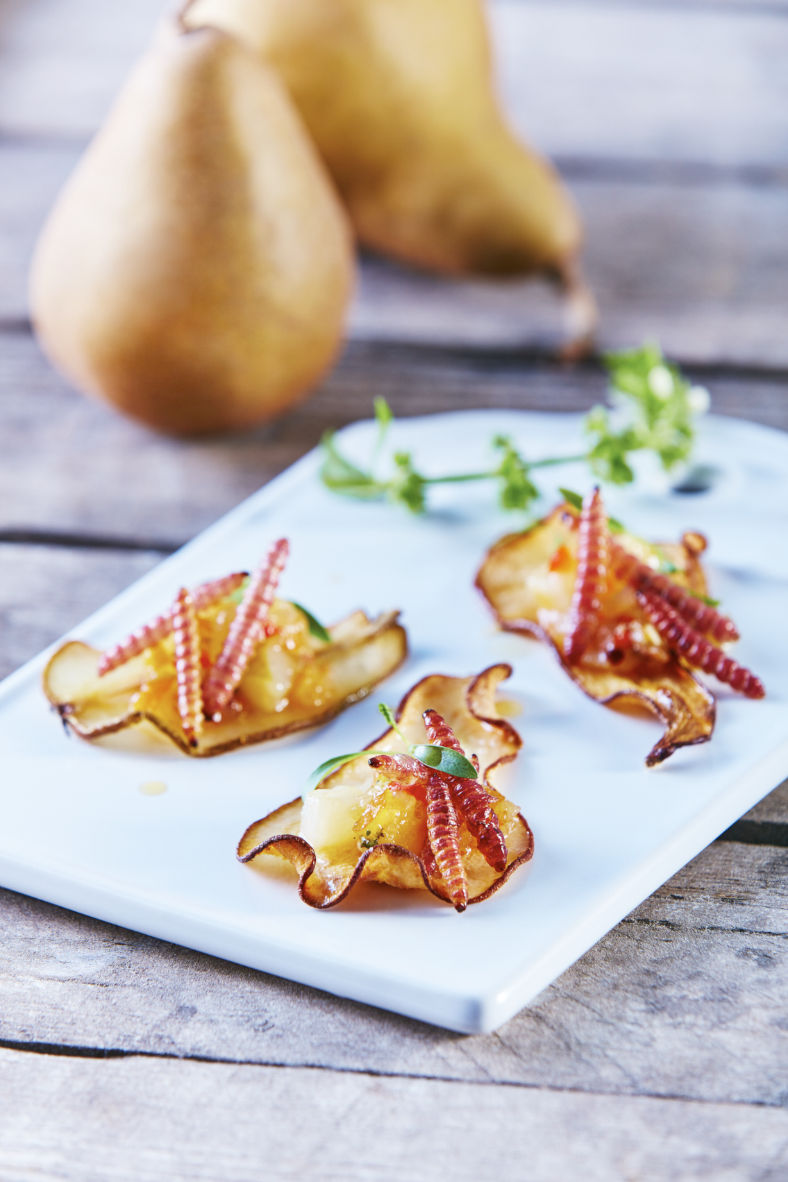 Chips de pera con gusanos de maguey