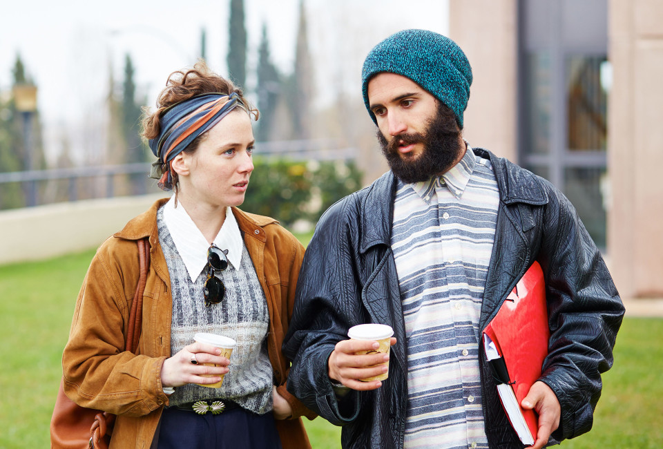 DPDTXD Hipster couple talking and drinking coffee to go at university campus