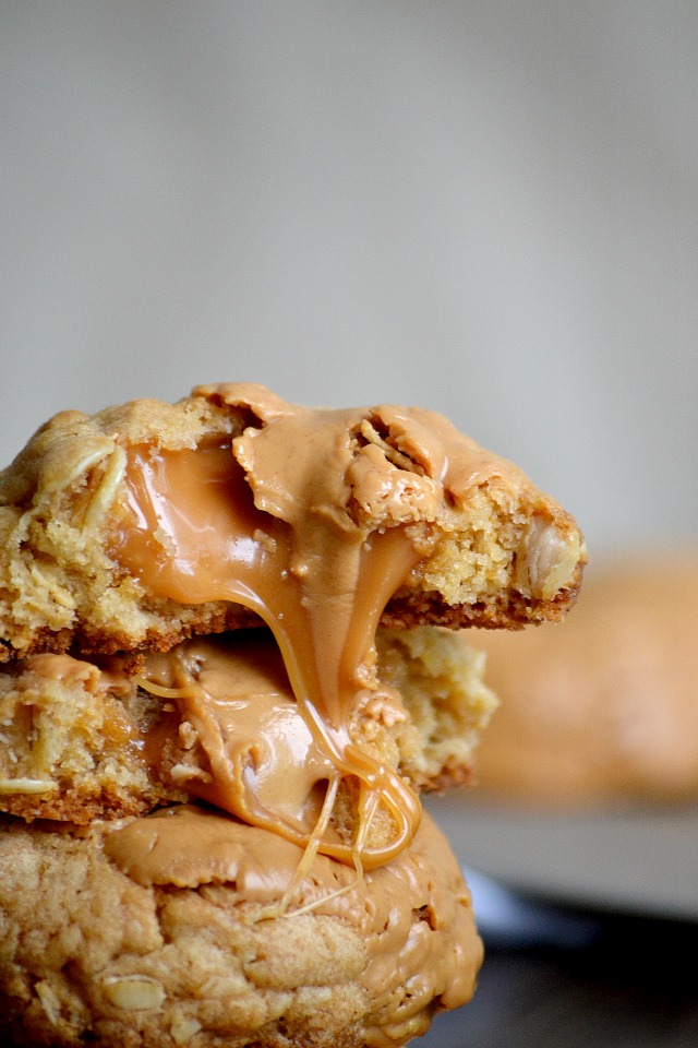 caramel peanut butter filled brown butter oatmeal cookies