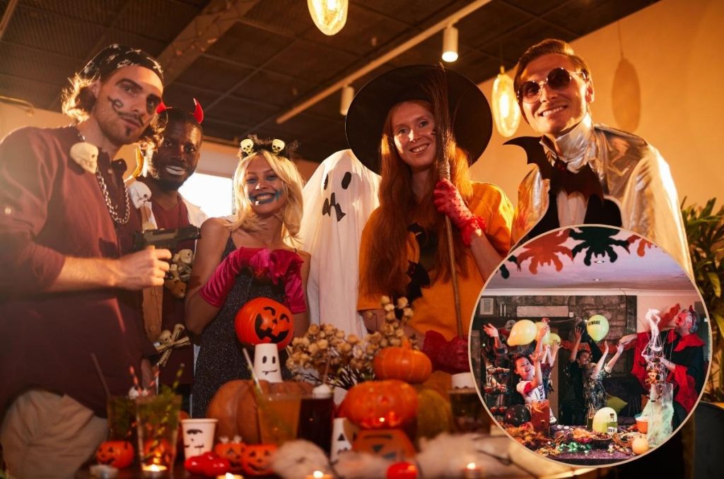 Jóvenes disfrazados en una fiesta de Halloween rodeados de decoraciones temáticas; en la misma imagen, un círculo con detalles de decoraciones de Halloween para inspirar cómo ambientar tu fiesta