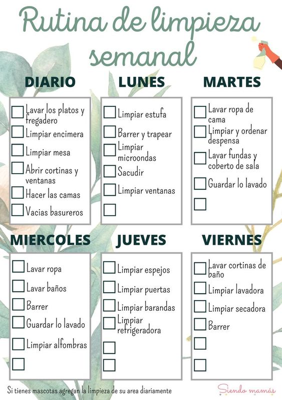 rutina de limpieza semanal Lista para mejorar la limpieza del hogar y tener una vida mas organizada