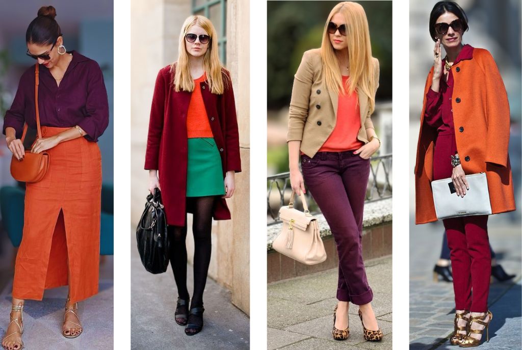 Outfits de mujeres con ropa color vino y naranja
