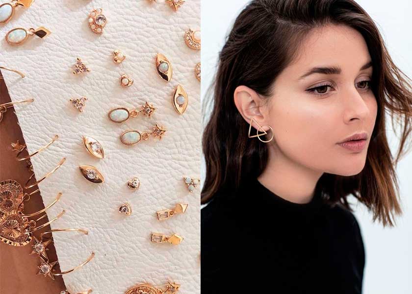 diferentes tipos de aretes y chica usando aretes