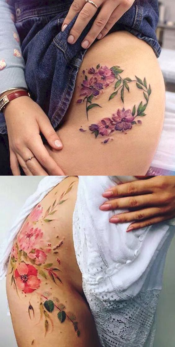 tatuaje floral en cadera acuarela