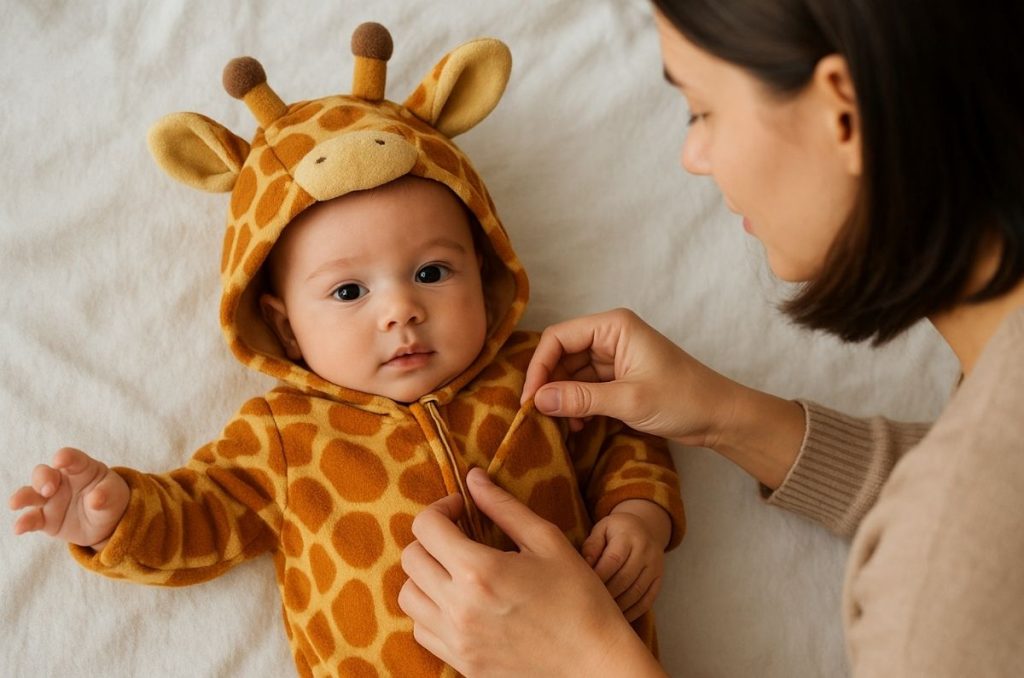 Bebé disfrazado de jirafa acostado sobre una cama blanca, mientras su madre lo ayuda a terminar de vestir. Un momento tierno y perfecto para Halloween para tu bebé