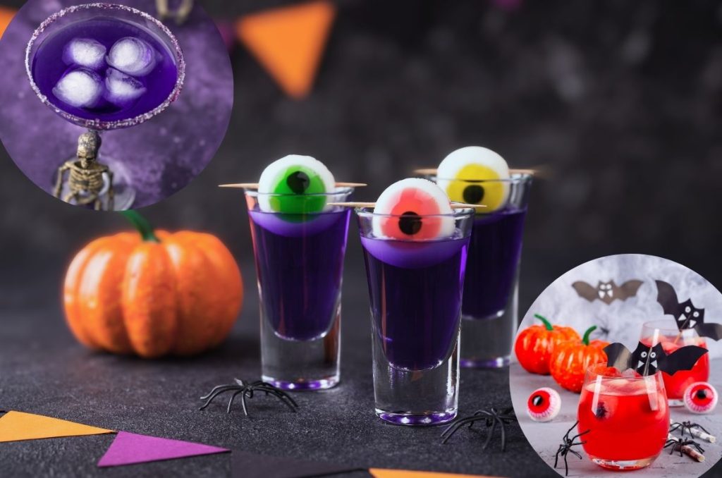 Tres shots de bebida morada con ojos de gomita de colores encima, servidos sobre una mesa negra decorada con temática de Halloween