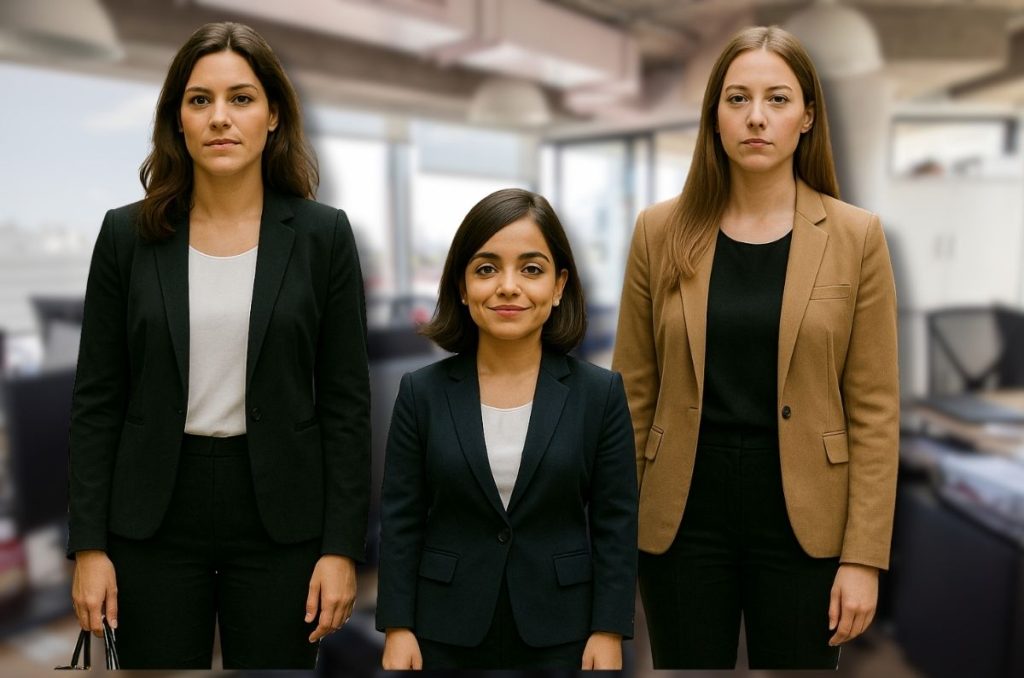 Mujer bajita usando outfit de oficina que estiliza su figura con pantalones y blazer