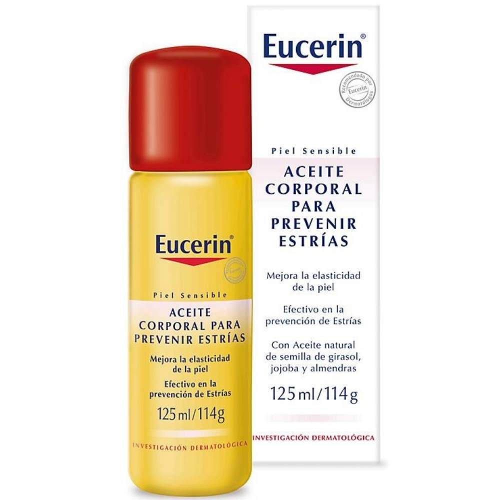 Si necesitas mayor humectación prueba el aceite corporal Eucerin 10 cremas para prevenir la aparición de estrías en tu embarazo