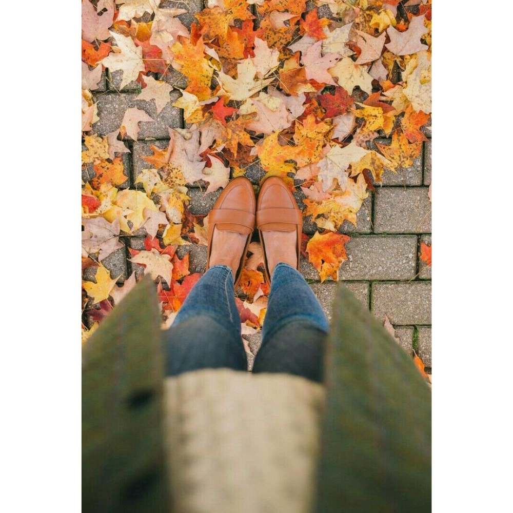 Fotografía tus pies pisando als hojas en otoño Fotografía en ángulo de picada de los pies y zapatos de una chica con hojas de otoño