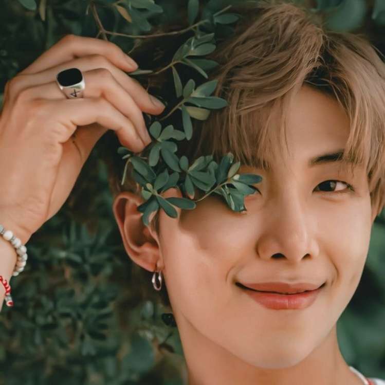 Kim Namjoon miembro y líder de BTS en un arbusto