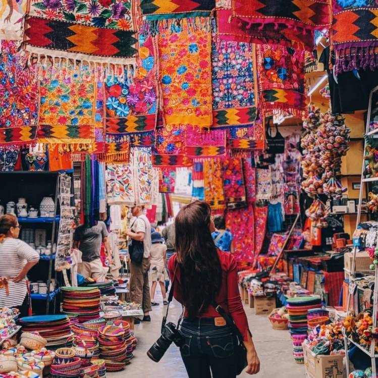 Chica caminando entre pasillos de mercado en destino para fiestas patrias