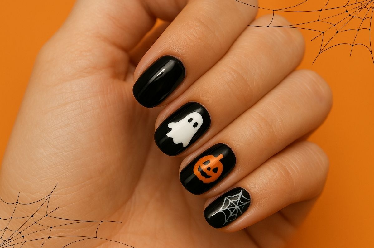 10 ideas de uñas negras cortas para Halloween que amarás