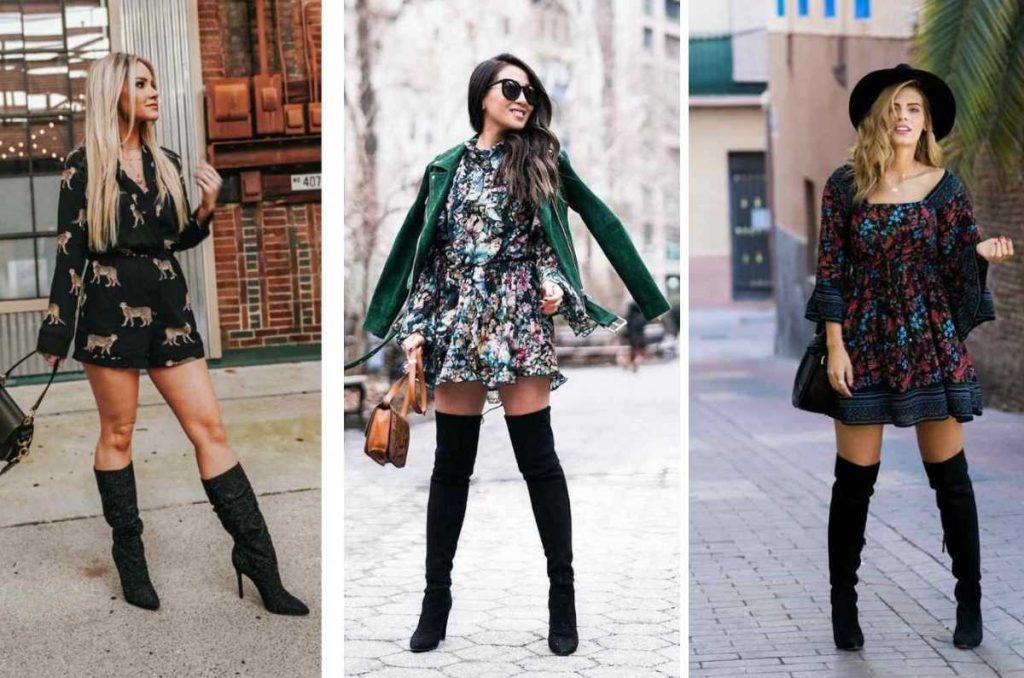 ideas de outfits con vestidos y botas negras largas