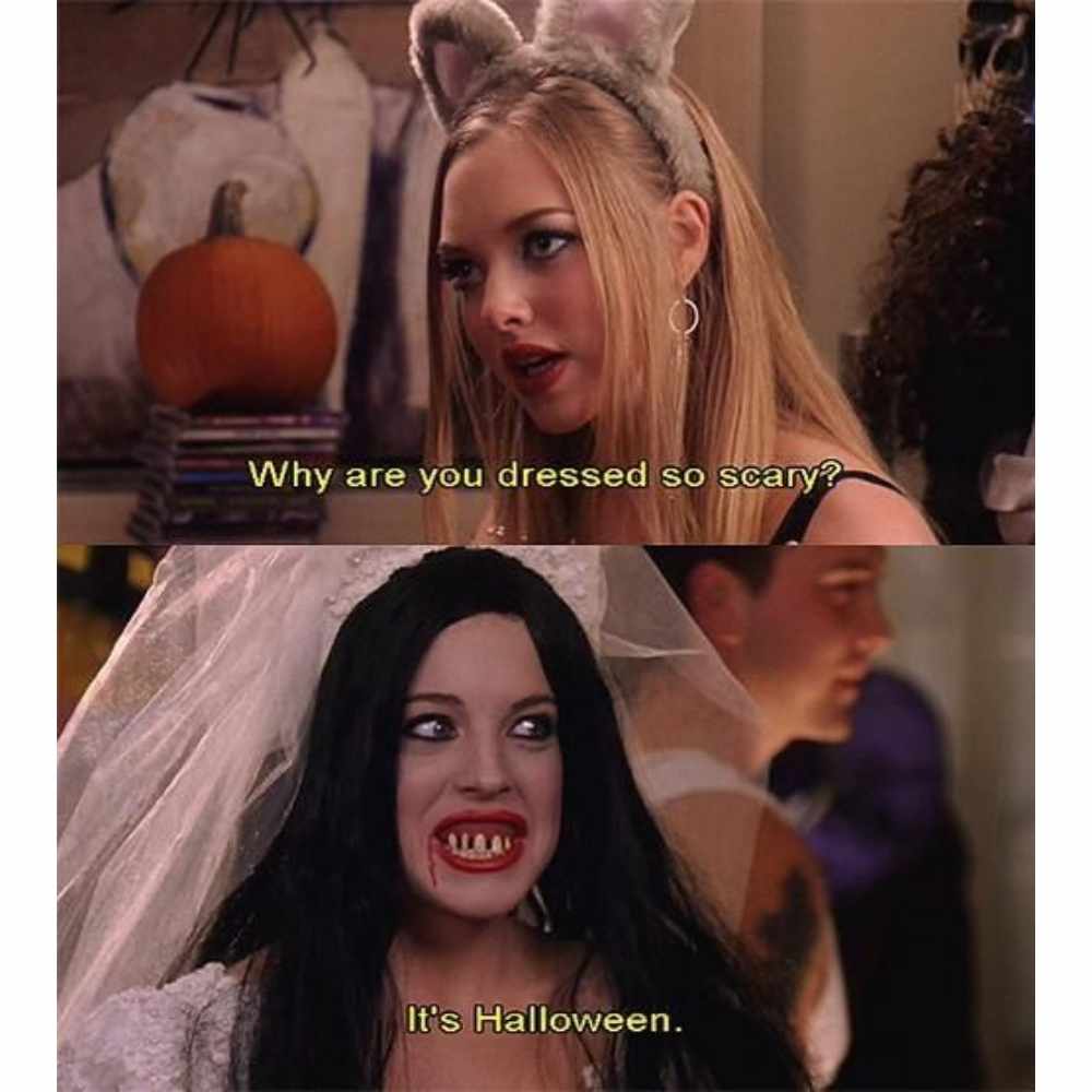 Karen y Cady en escena de Mean girls disfrazadas en halloween
