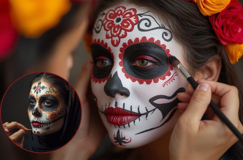 Varias mujeres con maquillajes de catrinas coloridos y detallados, combinando flores y diseños artísticos en el rostro