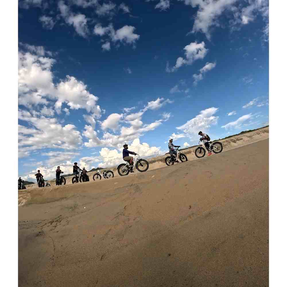 Grupo de invitados en recorido en bici eléctrica en desierto