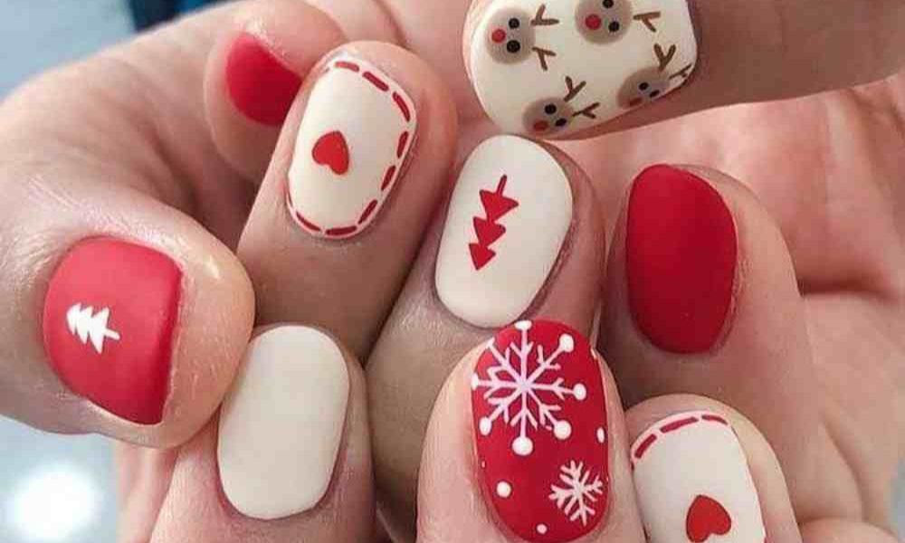 Diseño de uñas rojas con nude para navidad