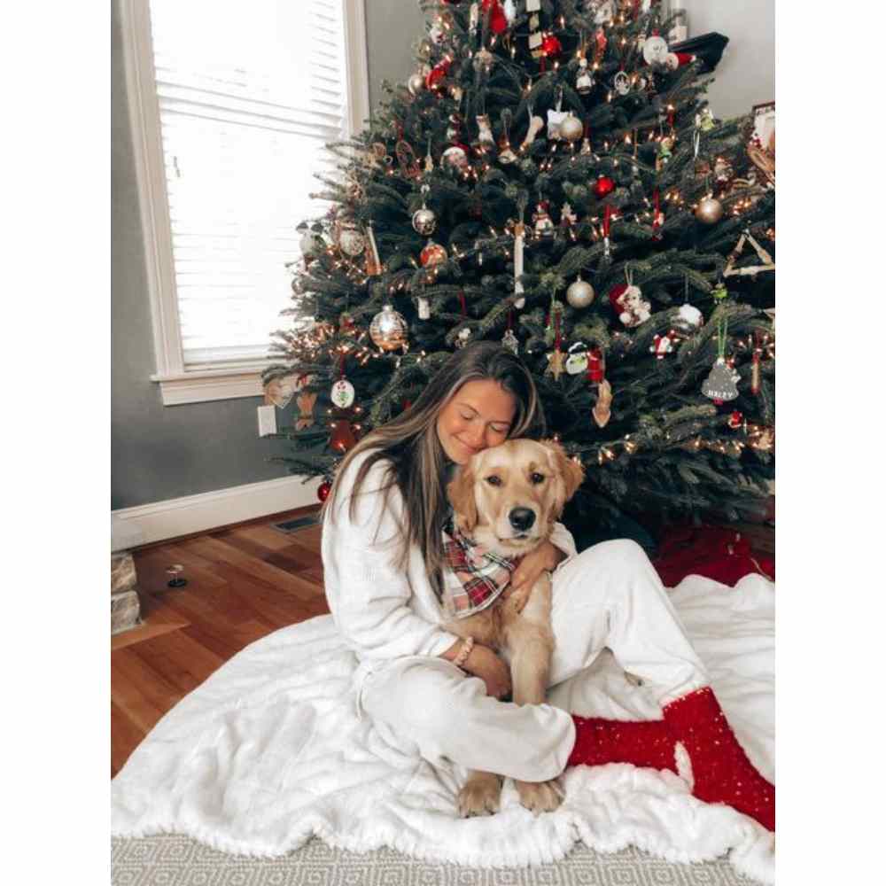 Pose sentados frente al ábol de navidad con tu perrito