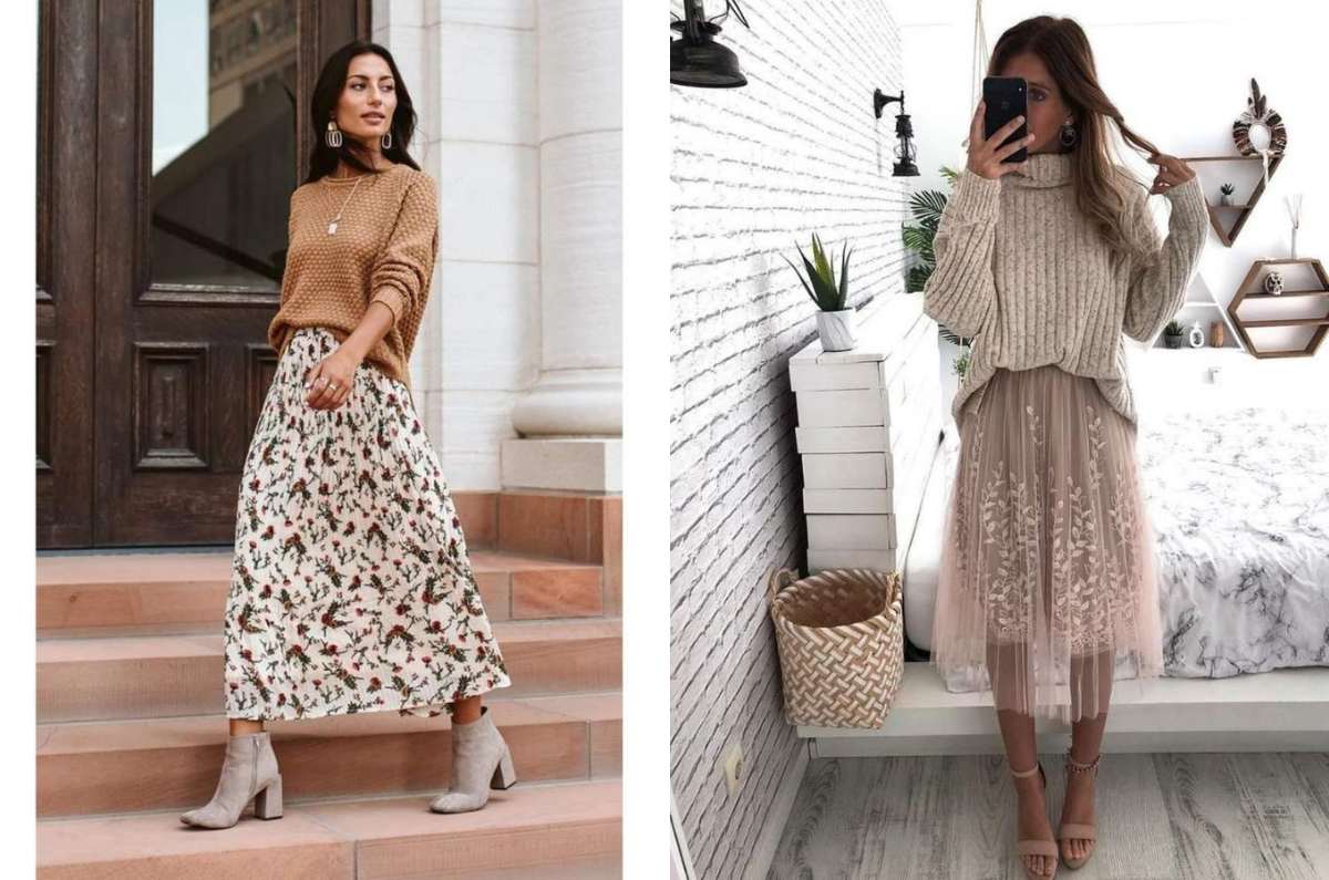 10 outfits con falda y suéter para estar calientita en temporada de lluvias