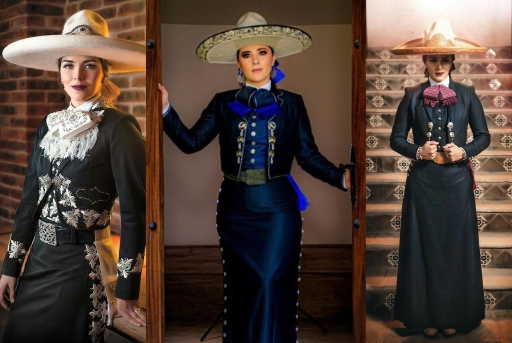 Imagen dividida en tres con tres mujeres luciendo trajes de charro con moños en blanco, azul y rojo. Estos looks forman parte de una propuesta de 5 outfits patrióticos que destacan la elegancia del estilo tradicional mexicano con toques modernos y coloridos, incluyendo el verde, blanco y rojo