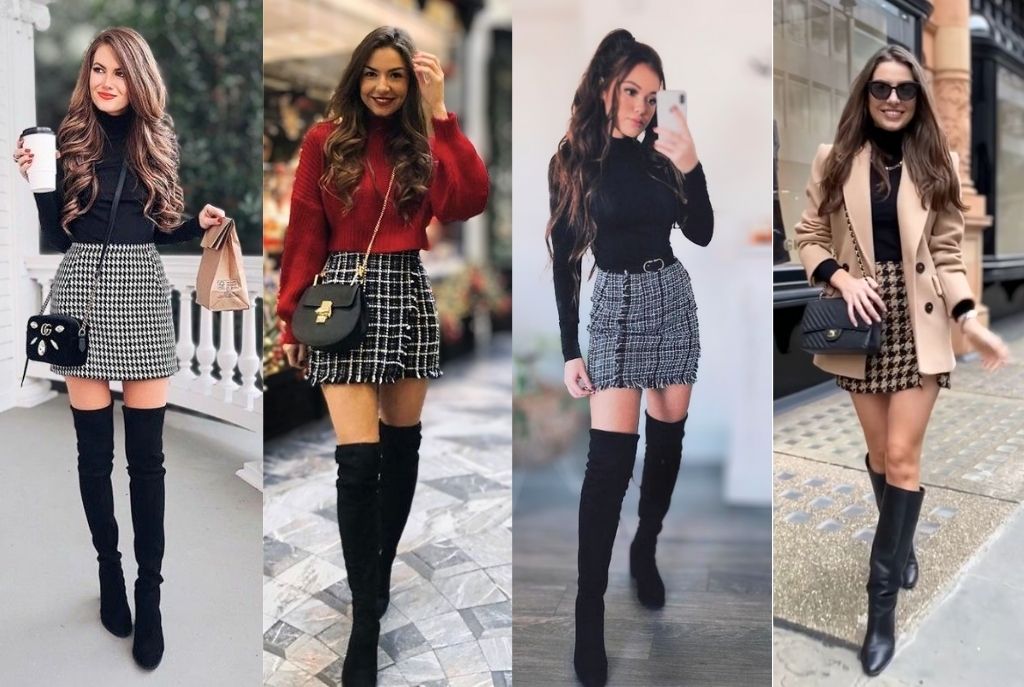 Combinaciones de falda tweed con botas largas para Navidad y año nuevo