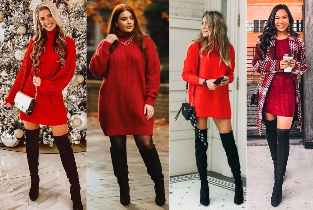 Vestido en color rojo y botas negras para atuendo de invierno