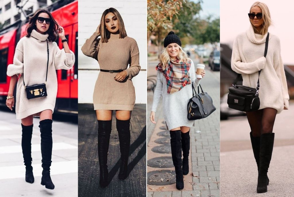 Outfits para invierno con botas largas y vestido
