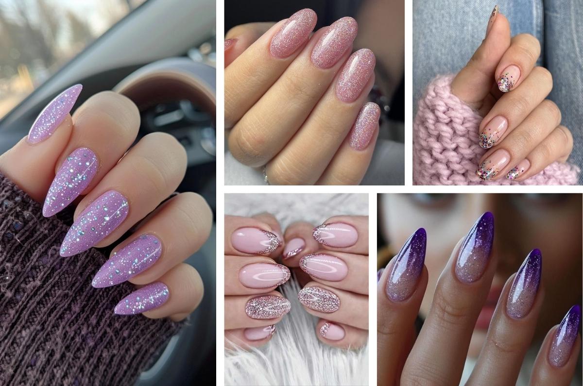 Uñas almendras elegantes con glitter para Año Nuevo