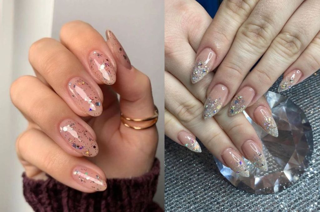 Uñas almendras elegantes con glitter para Año Nuevo