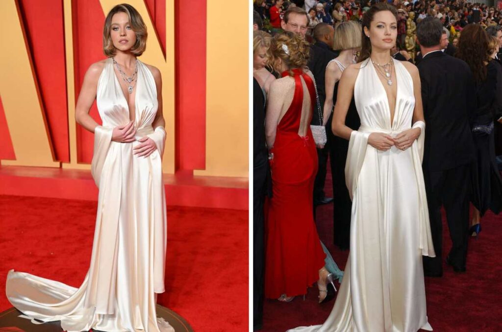 Sydney Sweeney le rinde homenaje a Angelina Jolie con el mismo vestido de hace 20 años 1