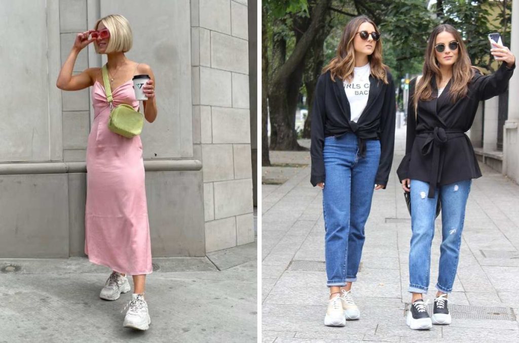 ideas de outfits con tenis chunky para la oficina
