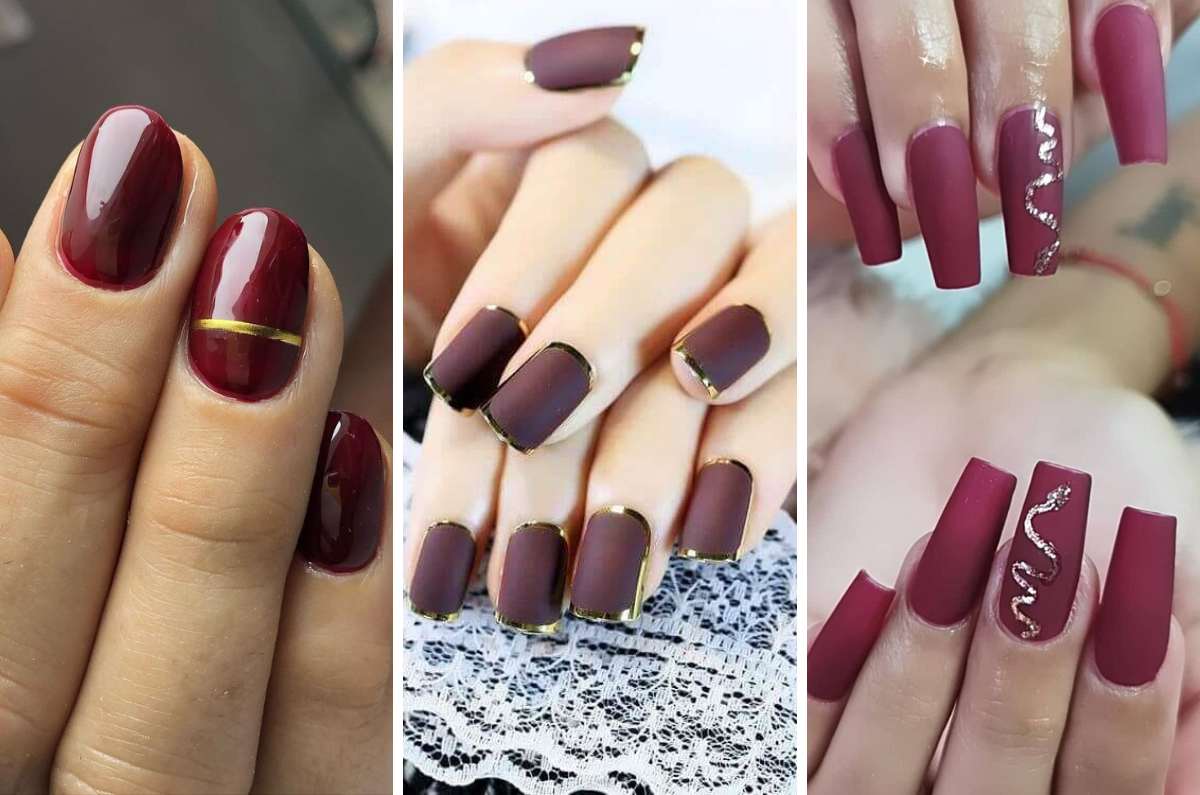10 diseños de uñas vino con detalles dorados súper elegantes