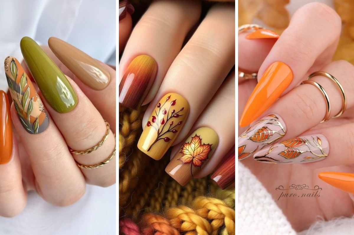 Diseños de uñas con hojas de otoño para un manicure aesthetic
