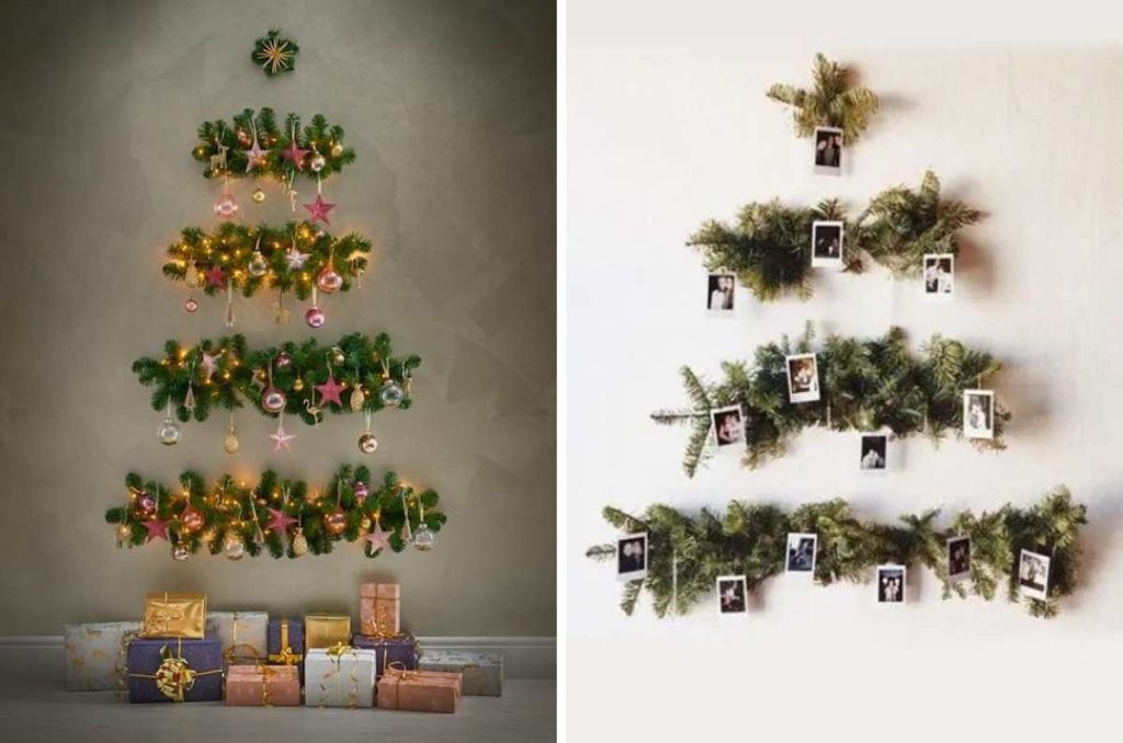 árbol de navidad en la pared con guirnaldas