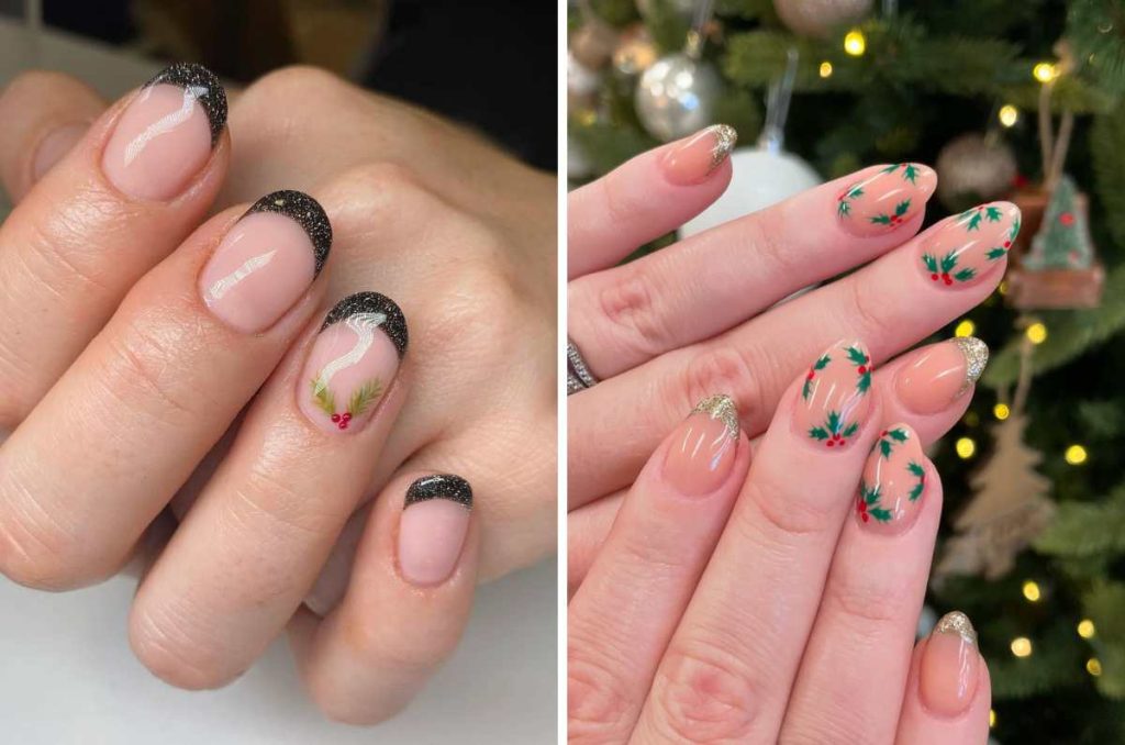 Uñas con hojas navideñas