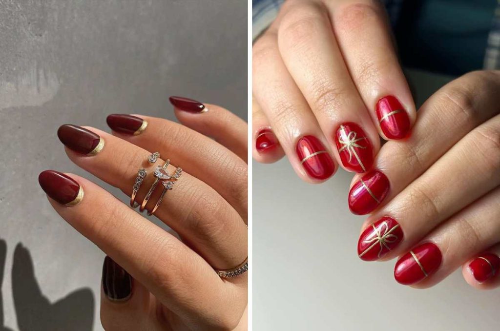 Uñas rojas con dorado
