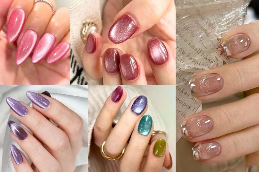 Uñas almendradas en tono azul con efecto cat eye brillante