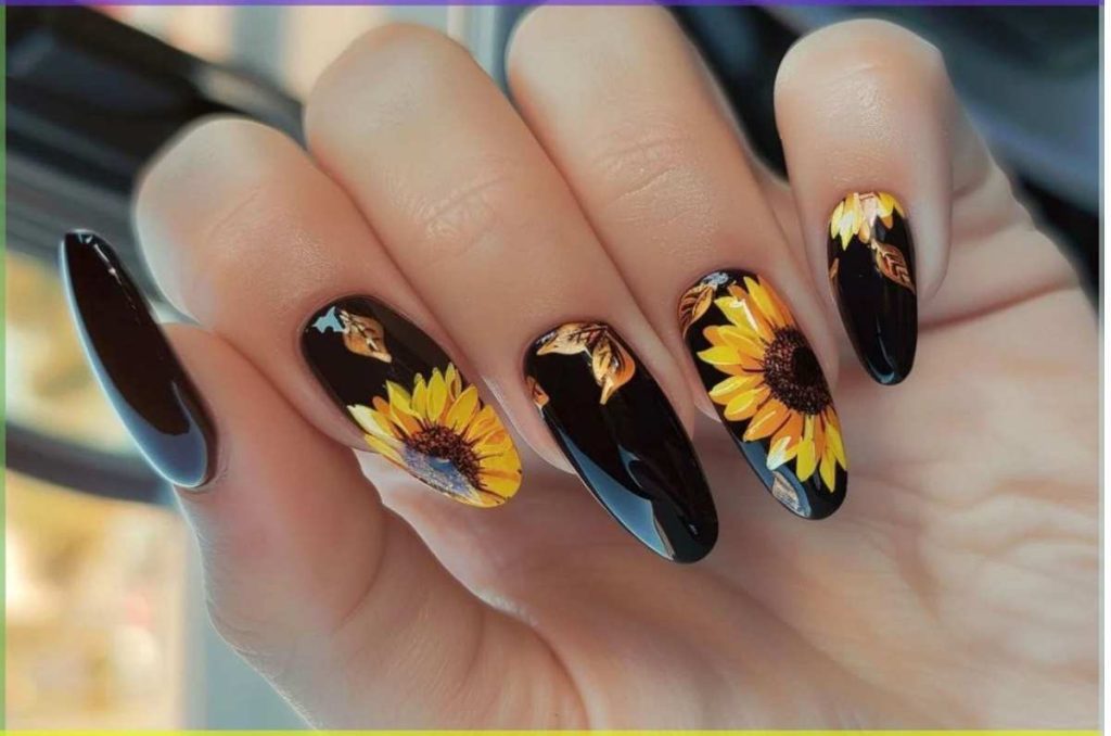 Belleza: Ideas de uñas de San Valentín con girasoles en fondo negro