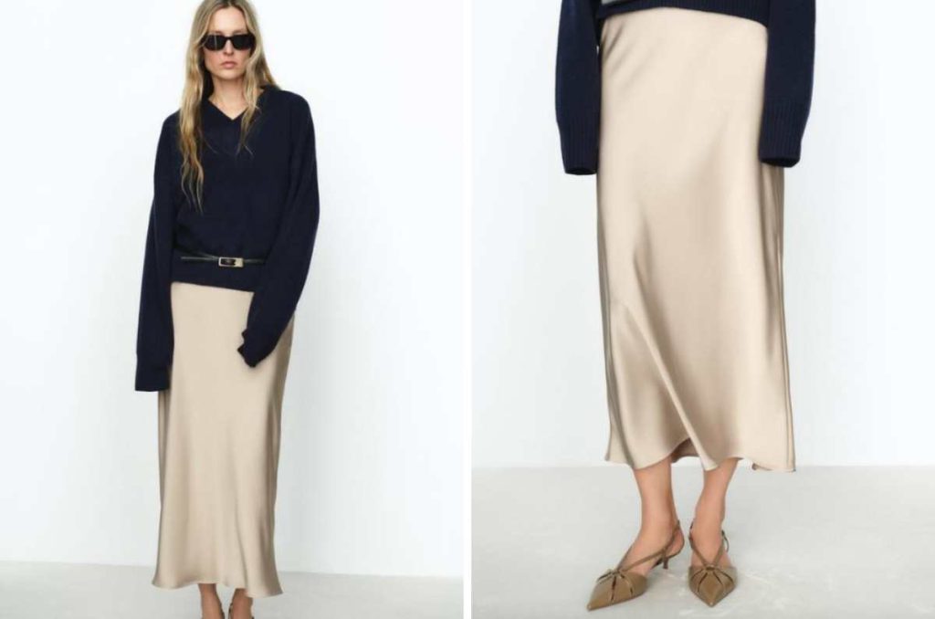 Outfit elegante con falda satinada