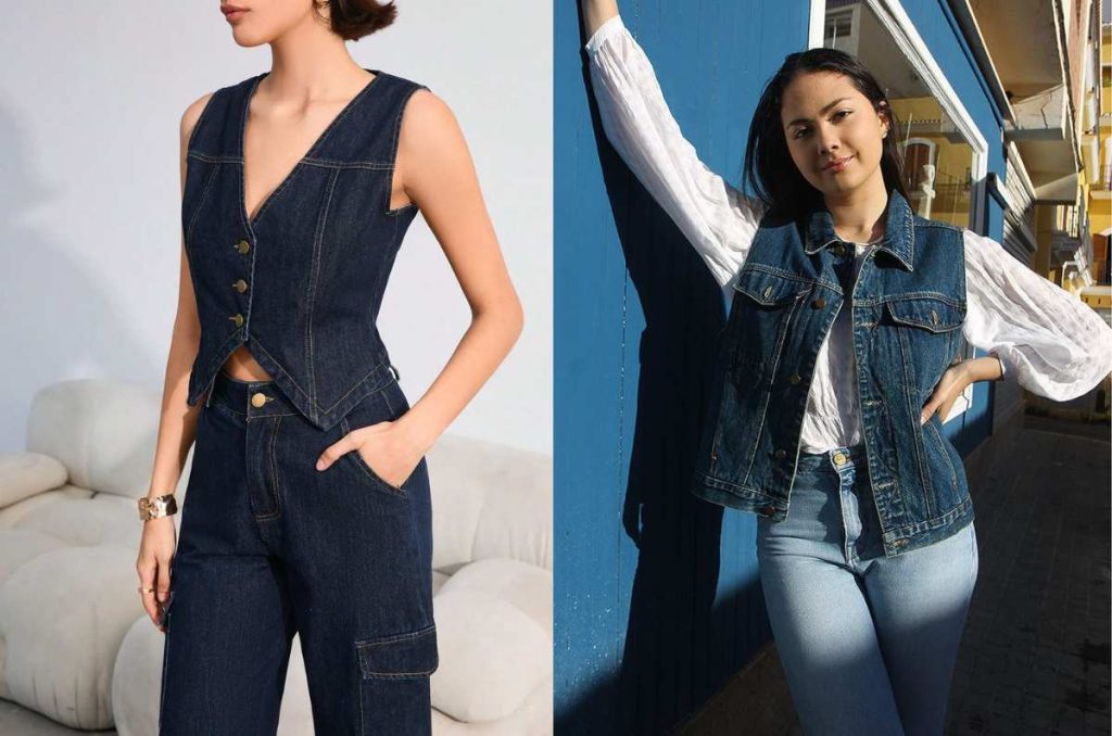 Mujer usando chaleco de denim oscuro sobre blusa de manga larga y pantalones de vestir