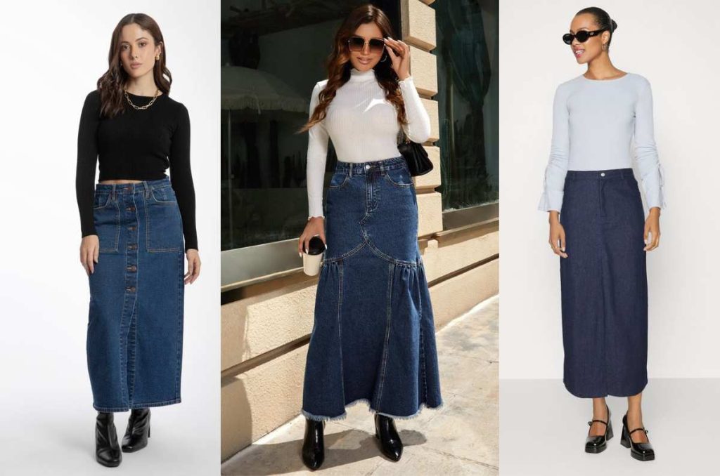 Mujer con falda midi de mezclilla oscura combinada con blusa blanca y botas
