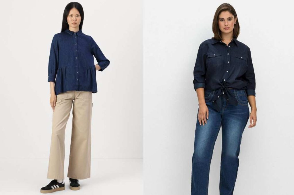 Mujer usando camisa de mezclilla oscura combinada con pantalones rectos