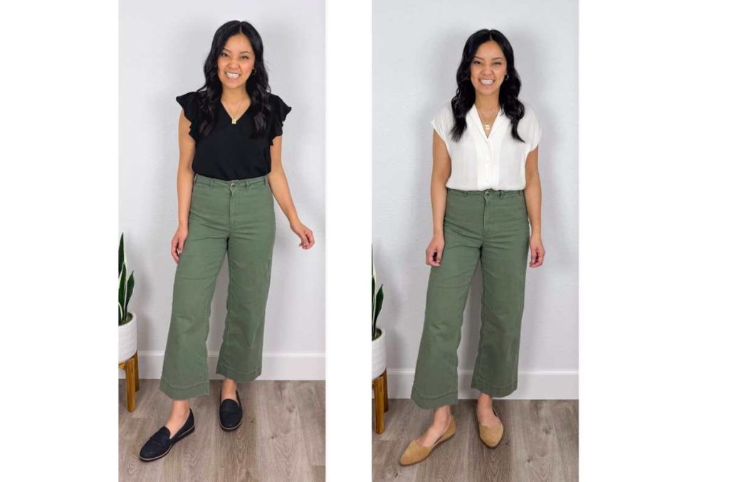 outfits elegantes para la oficina con pantalones verde oliva