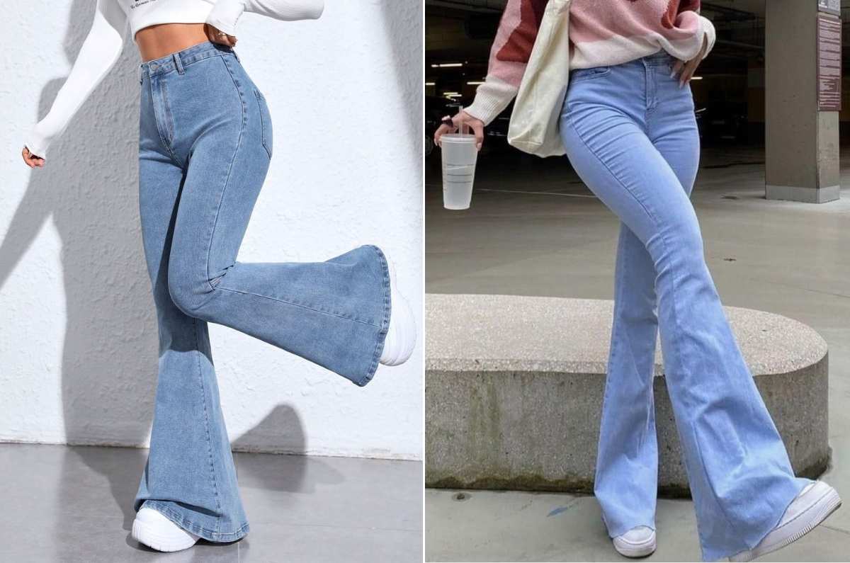 Outfits con jeans acampanados y tenis blancos para lucir juvenil y elegante 