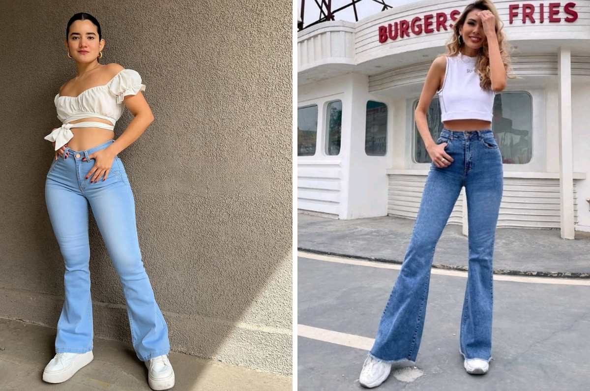 Outfits con jeans acampanados y tenis blancos para lucir juvenil y elegante