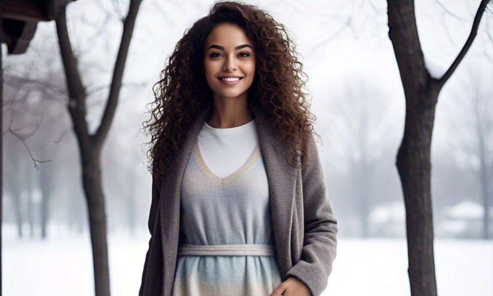 Outfits coreanos con vestido sweater y botas