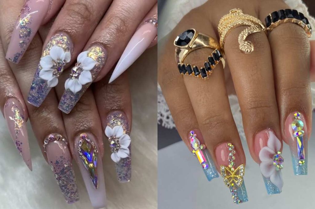 Uñas almendradas con flores maximalistas