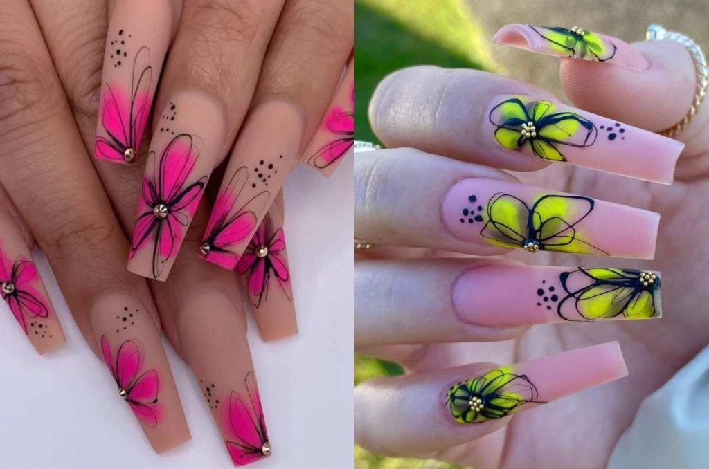 Uñas almendradas con flores maximalistas