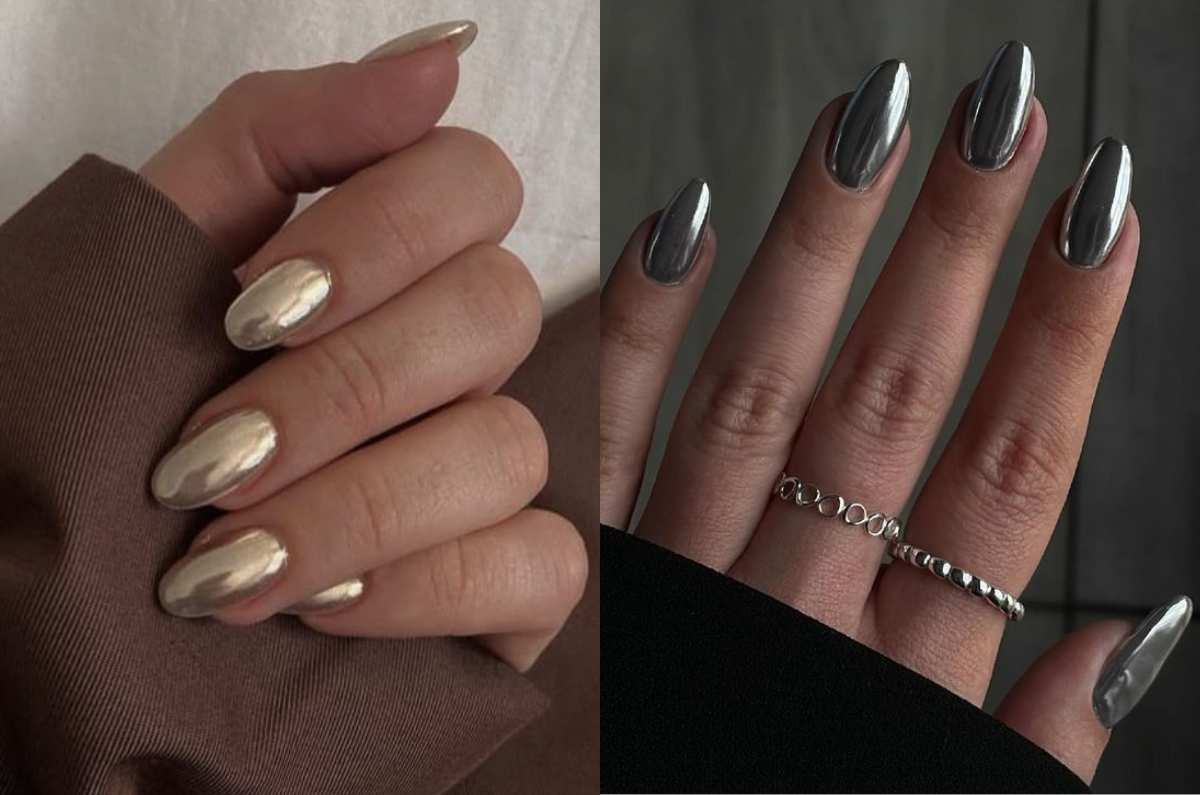 Diseño de uñas almendradas con efecto chrome